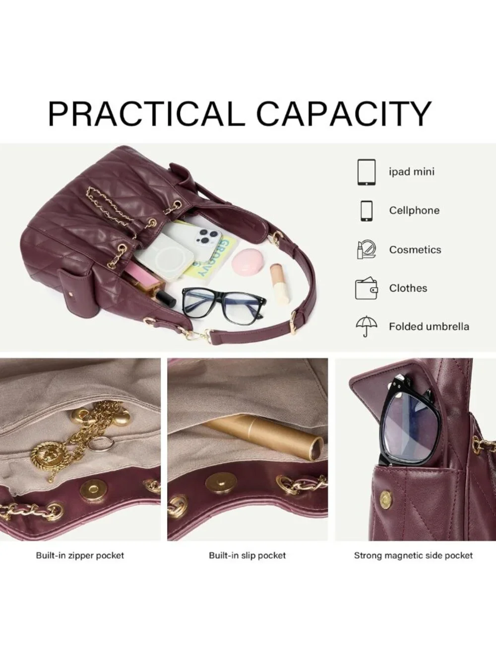 Quilted Leather Tote Bag for Women, Soft Slouchy Hobo Purse with Adjustable